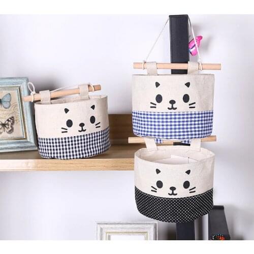 Cartoon Hanging Storage Bag Cotton Linen Wardrobe Hang Bag Wall Pouch Cosmetic Toy Organizer Household Multifunction Storage Bag