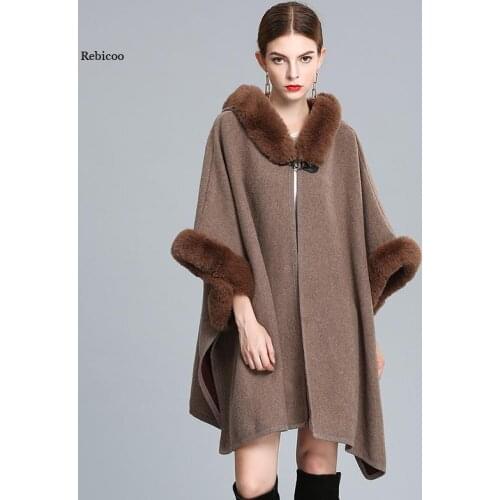 Women New Winter Faux Rabbit Fur Hooded Cape Turn Down Collar Wool Blend Poncho Loose Thick Cardigan Cloak Batwing Coat