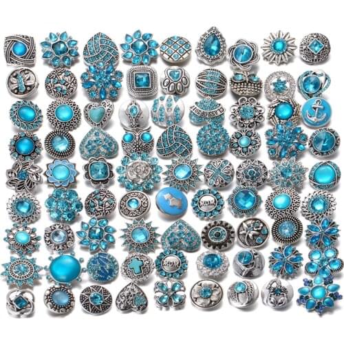 10pcs/lot New 18mm Snap Button Jewelry Mixed Sky Blue 18mm Rhinestone Flower Snap Buttons for Leather Silver color Snap Bracelet