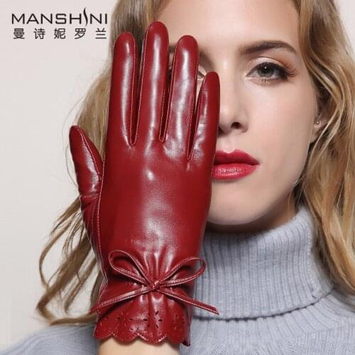 Genuine Leather gloves female sheepskin gloves women telefingers gloves women winter thick warm touch screen gloves 011
