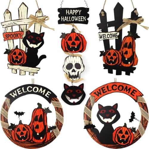 Ghost Festival Welcome Board Garland Door Hanging Halloween Wooden Pumpkin Black Cat Cemetery Castle Ghost Decoration Supplies