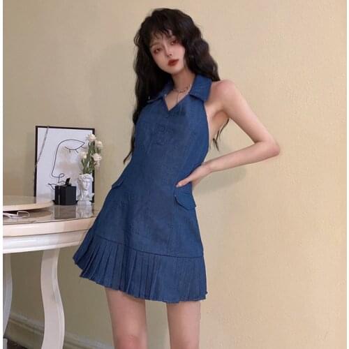 Ruibbit Summer Short Dresses Preppy Style Sweet Cool Backless Japanese Harajuku Cute Hot Girl Slim Denim Dress