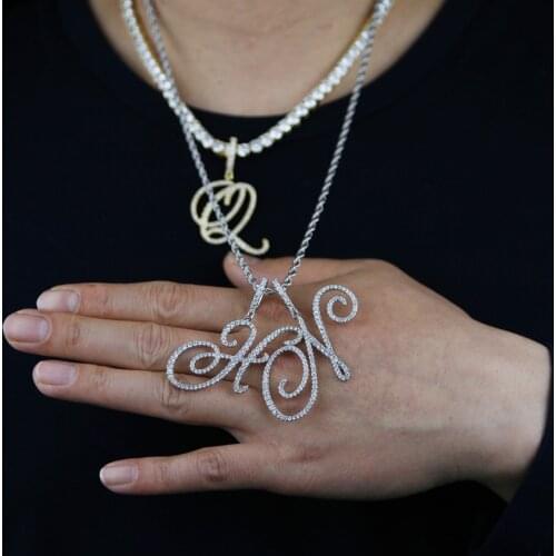 Iced Out Cubic Zircon paved A-Z Cursive Letters Name Pendant Necklace Silver Color Charm 5mm Tennis Chain Women Hip Hop Jewelry