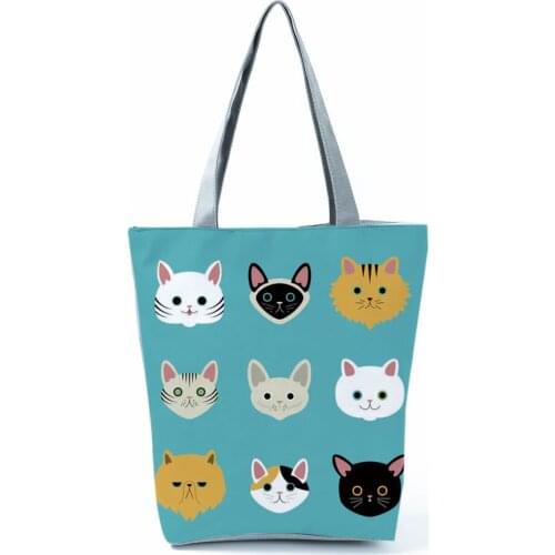 Lovely Cat Printed Shoulder Bag Fashion Green Womens Bag Portable Handbags High Capacity Beach Bag Eco Friendly Shopping Bag