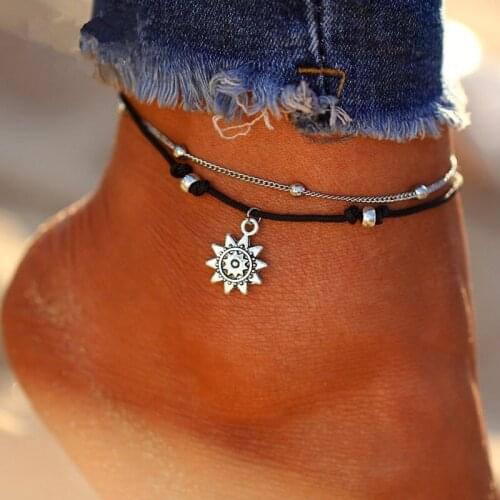Bohemian Fashion Foot Chain Double Layer Sun Pendent Anklet Summer Beach Anklets