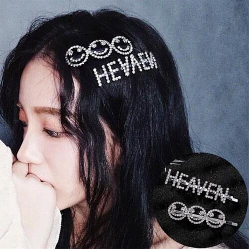 New Korean Luxury Shiny Rhinestone Letter Smile Face Women Hair Pins Fashion Metal Bangs Clip Statement Hair Jewelry HC035