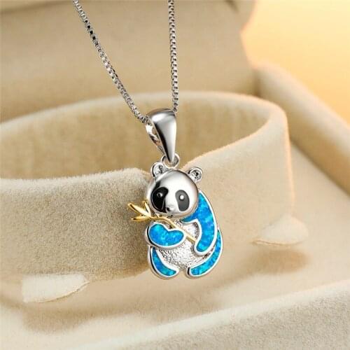Blue/White Fire Opal Cute Panda Pendant Necklaces For Women White Gold Animal Jewelry Female Engagement Necklace Wedding Present