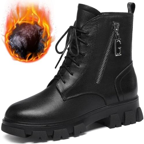 Autumn Winter Ankle Women Boot Shoe Genuine Leather Warm Wool Short Plush Elegant Large Size Footwear Boots Black Platform A77