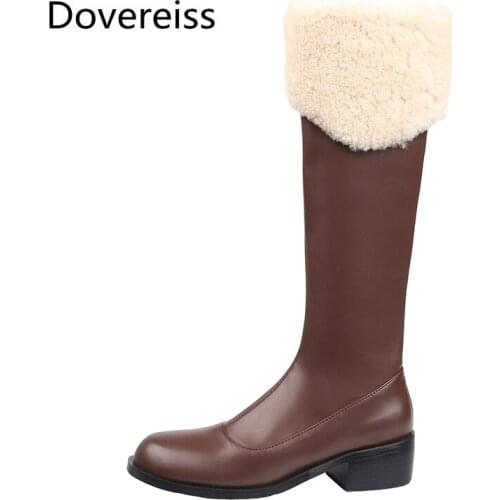 Dovereiss Fashion Womens Shoes Winter new Elegant Round toe brown flats Zipper Knee high boots Concise Mature 33-45