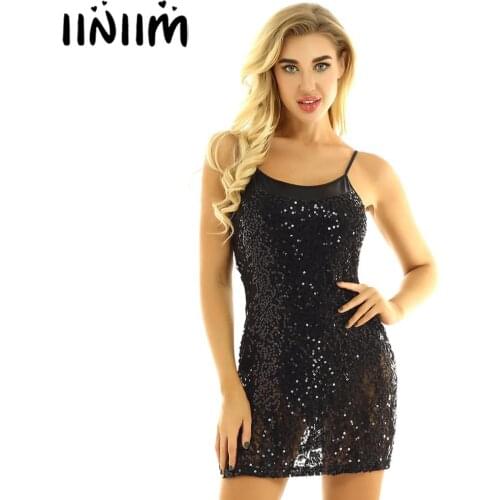 Womens Femme Lace Mini Sequins Spaghetti Straps Holographic Leotard Dress Jazz Contemporary Dance Costume Pole Sexy Clubwear
