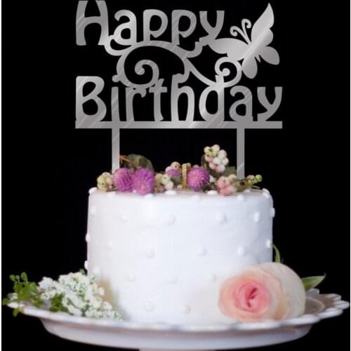 100pcs/lot Creative silvery happy birthday design wedding cake inserted card birthday Cake Topper Party Cake Decorations