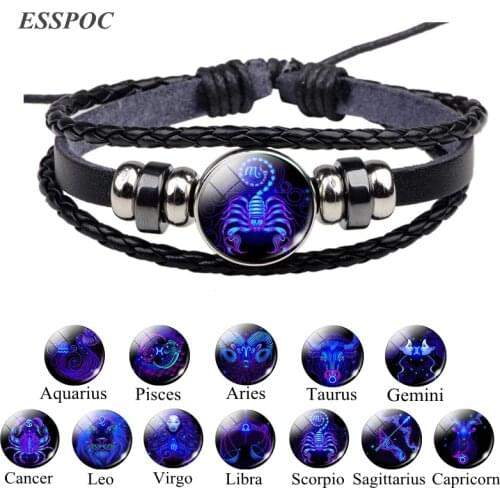 12 Constellation Zodiac Sign Black Braided Leather Bracelet Cancer Leo Virgo Libra Woven Glass Dome Jewelry Punk Men Bracelet