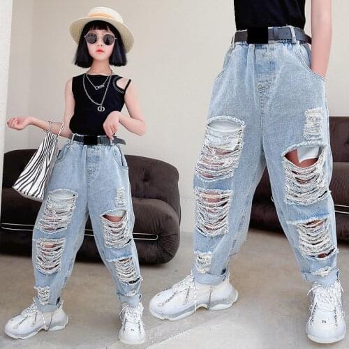 Korean Blue Jeans Pants Baby Girls Toddler Kids Clothes Denim Bottoms Harem Trousers Ripped Holes Distressed Capris 4 To 16 Yrs