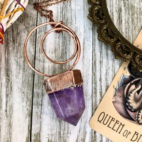 NM39979 Large Amethyst Crystal Necklace Pendant Big Boho Jewelry Large Statement Necklace
