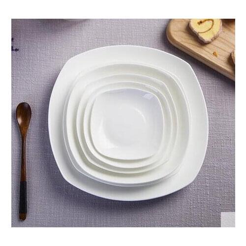 Square Jingdezhen household deep dish soup bone plate Western-style food steak pure white tableware