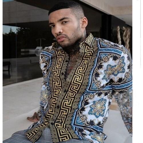 Man Vintage Tide Turn-Down Collar Shirt 2021 New Men Ethnic Print Single Breasted Long Sleeve Casual Shirt Poleras Hombre