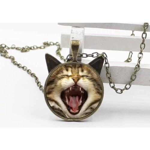 Charm Yawning Cat Necklace Brown Cat Ear Pendant Jewelry Glass Round Child Gift Necklace