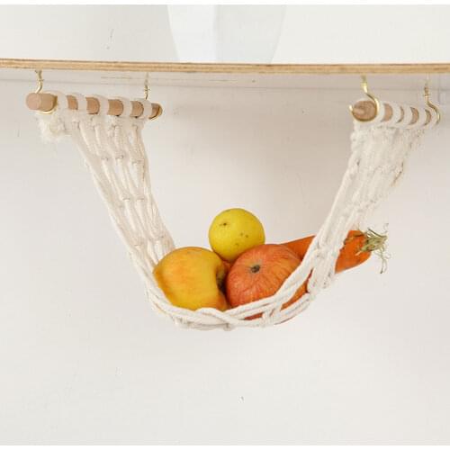 Hanging Fruit Hammock Bohemian Style Fruit Hammock Cotton Rope Woven Net with Wooden Sticks & Hooks For Kitchen