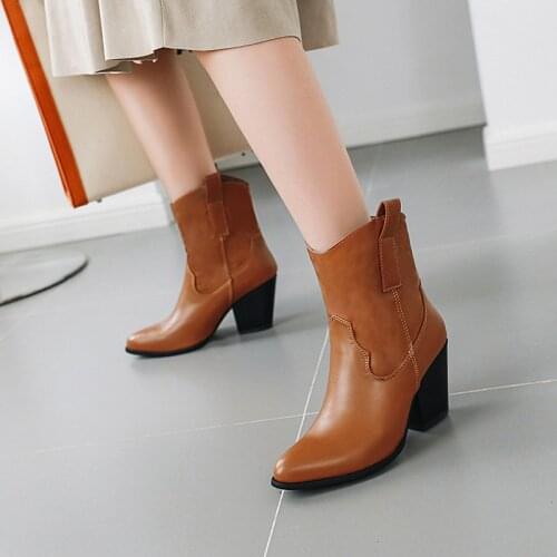 Casual autumn motorcycle boots sexy pointed toe fashion slip-on brown white black thick high heel ankle boots womens shoes