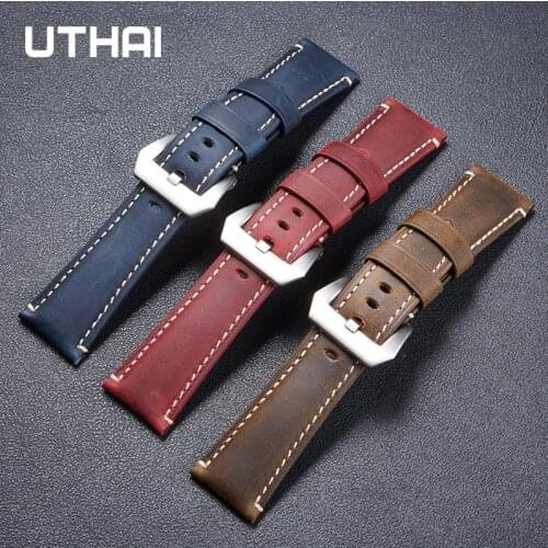 UTHAI F14 Genuine Leather Watch strap Watchband Retro Sport belt Buckle Black Brown Red 22/24/26mm