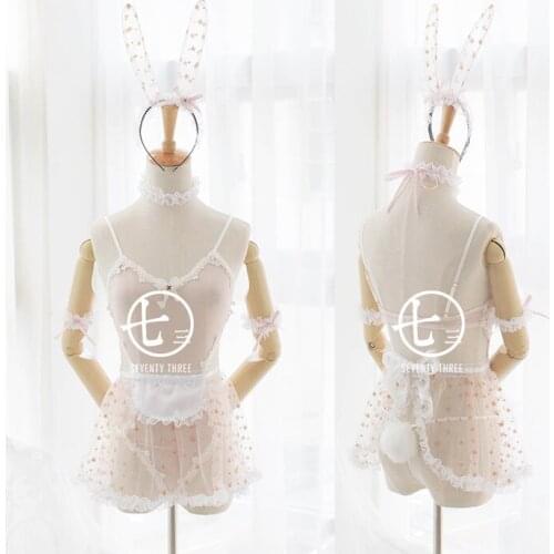 Sexy Pinky Bunny Girl Style Womens Transparent Dress 5PCS Set Rabbit Ear Headband & Bodysuit & Apron Cute Exotic Apparel