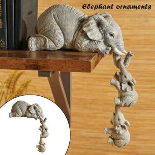 Elephant Sitter Hand-Painted Resin Figurines 3pcs Mother and Two Babies Hanging Off The Edge of Shelf Table D1