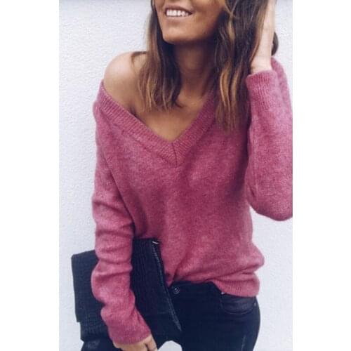 Women V Neck Solid Sweaters Autumn Fashion Pullovers Winter Clothes Loose Warm Sueter Mujer Outwear