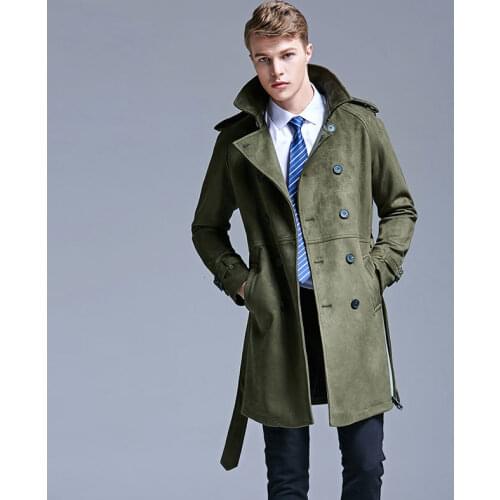 New Minimalist England Fashion Suede Trench Mens Double Breasted Slim Coat Men Solid Color Long Windbreaker 5XL 6XL Jacket