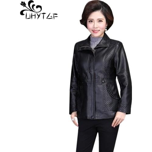 UHYTGF Women autumn winter leather jacket quality PU leather Casual warm leather jacket elegant mom loose 6XL Plus Size Coat1092