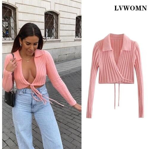 LVWOMN Za Women Sweaters Cardigan Coat 2021 Sexy V-Neck Lace-up Knit Sweater Vintage Short Style Tops Woman Cropped Sweater