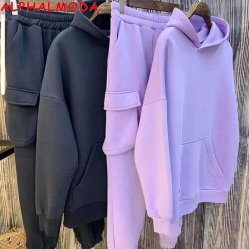 ALPHALMODA New Arrived Stylish Pocket Sweat Pants Hoodies 2pcs Suit Women Solid Thickened Fleece Warm Winter Jogger Set