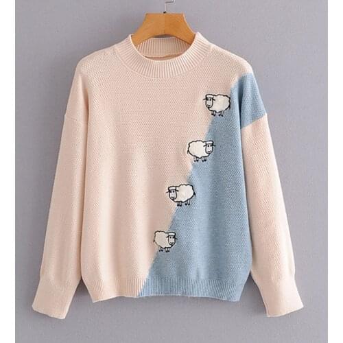 O Neck Cartoon Sheep Embroidery Woman Sweater Pullovers 2021 Patchwork Loose Oversized Womens Jumpers Casual Knitwear Coat