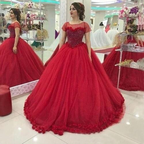 Top Beadings Crystal Tulle A-line Red Prom Dresses Short Sleeve Ball Gown robe de soiree Party Dress For Women