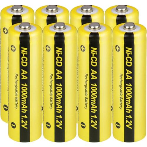8Pcs/PKCELL NiCD 1.2V AA Rechargeable Battery 1000mAh 1.2 Volt 2A Batteria button top for industry package