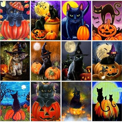 Huacan 5D DIY Diamond Painting Cat Diamond Mosaic Cross Stitch Embroidery Sets Cartoon Handmade Gift Halloween Decoration