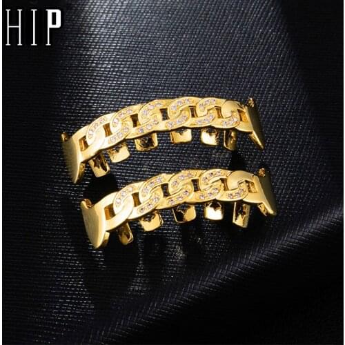 Hip Hop Iced Out Micro Pave Full CZ Teeth Grillz Top&Bottom Cuban Link Chain Grills Fang Tooth Grills For Men Jewelry