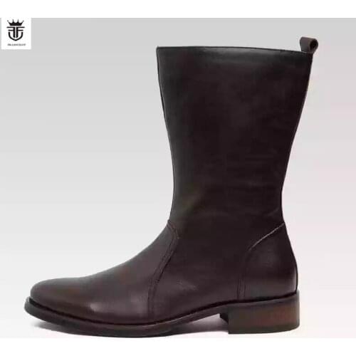 FR.LANCELOT 2020 new mens mid calf boots zip up pointed toe real leather chelsea boots med heel men half boots party dress