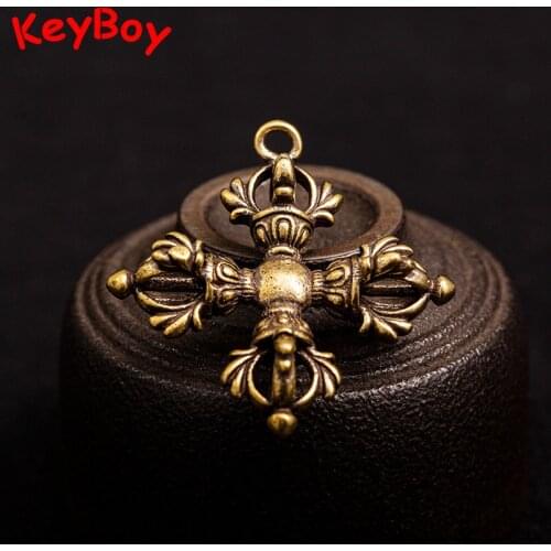 Brass Cross Four Strand Vajra Pestle Pendant Exorcising Demons Keychain Hanging Jewelry Retro Copper Tibetan Buddhist Keyrings