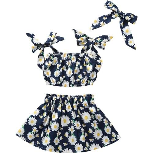 3 Pcs Infant Summer Outfits, Baby Girl Sleeveless Daisy Print Boat Neck Bowknot Crop Top + Button Skirt + Headband
