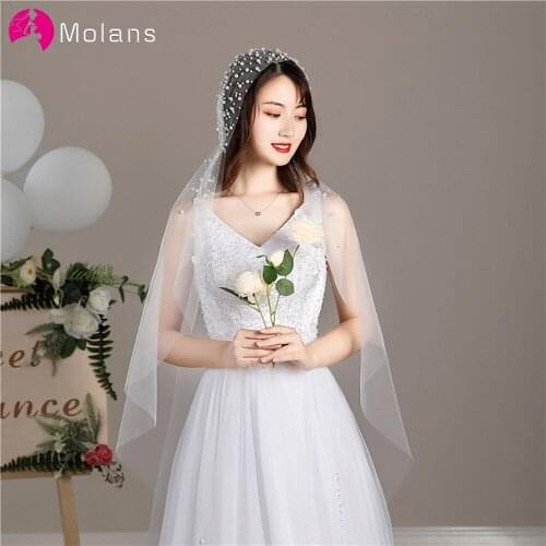 Molans 2020 Single Layer Pearl Beads Hat Yarn Bridal Wedding Soft Veil 1.1Meters Long Simple Bridesmaid Accessories Photo Props