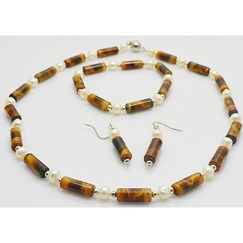 New Arriver Real Pearls Jewelry Set White Freshwater Pearl Tube Brown Gemstoneses Necklace Bracelet Earrings Charming Woman Gift