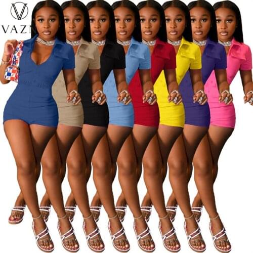 VAZN 2021 Hot Popular Energy Elegant Overalls Young Daily Simple Sexy Short Sleeve High Waist Women Skinny Playsuits