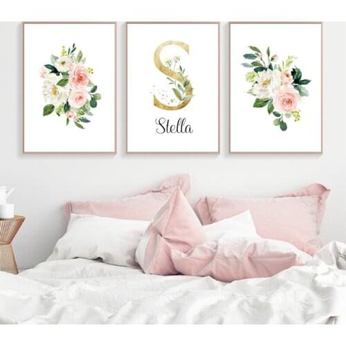 Baby Girl Personalized Watercolor Art Painting Blush Pink Floral Custom Name Poster Canvas Print Baby Shower Gift Wall Art Decor