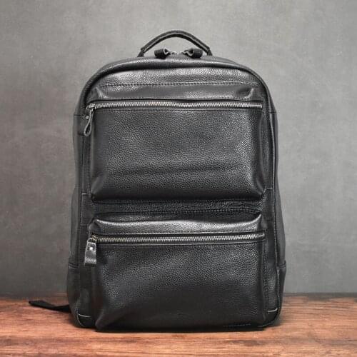 Simple Business Genuine Leather Mens Backpack Perfect Quality 15.6" Laptop School Bag