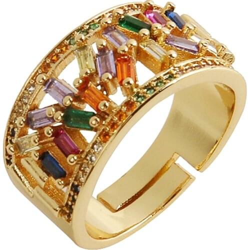 Luxury Gold women ring adjustable open ring for women rainbow crystal copper cubic 5A zirconia simple ring woman dropshipping
