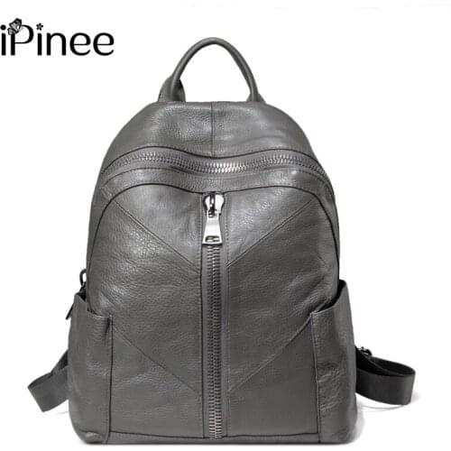 IPinee High Quality Genuine Leather Womens Backpacks Travel Bags Female Black Dailypack School Ladies Preppy Girl Backpack