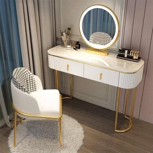 Nordic Style Modern Minimalist Bedroom Furniture Dresser With LED Mirror Light Luxury Paint Non-slip Makeup Tables With Drawers
