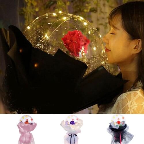 Behogar LED Luminous Clear Balloon Eternal Flower Rose Bouquet Kit DIY Gift Set for Christmas Wedding Valentine Day
