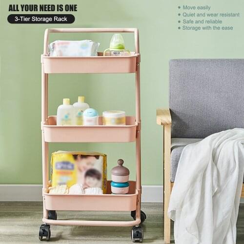 3-Tier Rolling Utility Cart Kitchen Trolley Rolling Storage Cart with Lockable Wheel Handle Multifunction Heavy Duty for Kitchen