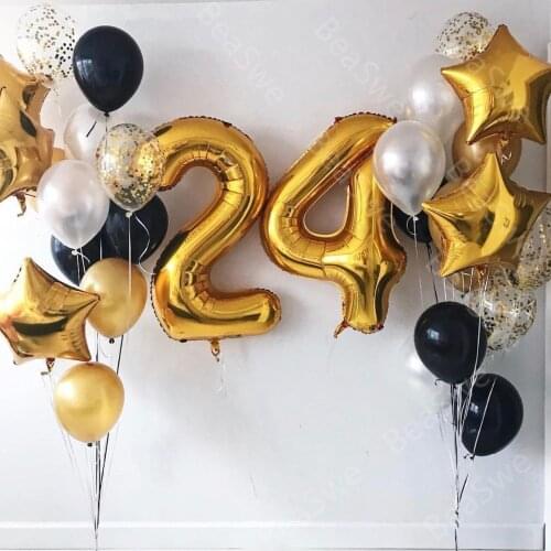 28pcs/lot Large Size 40"32" gold star Foil Number 24 Balloon figures transparent confetti gold latex birthday party Decor Globos